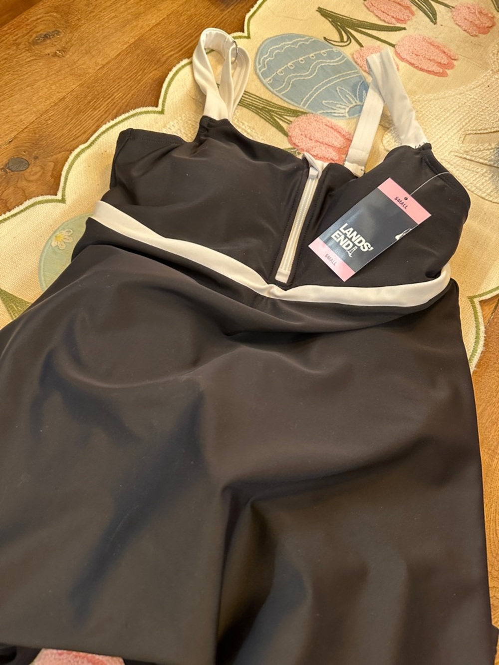 Lands' End Black One-Piece Swimdress with White Trim